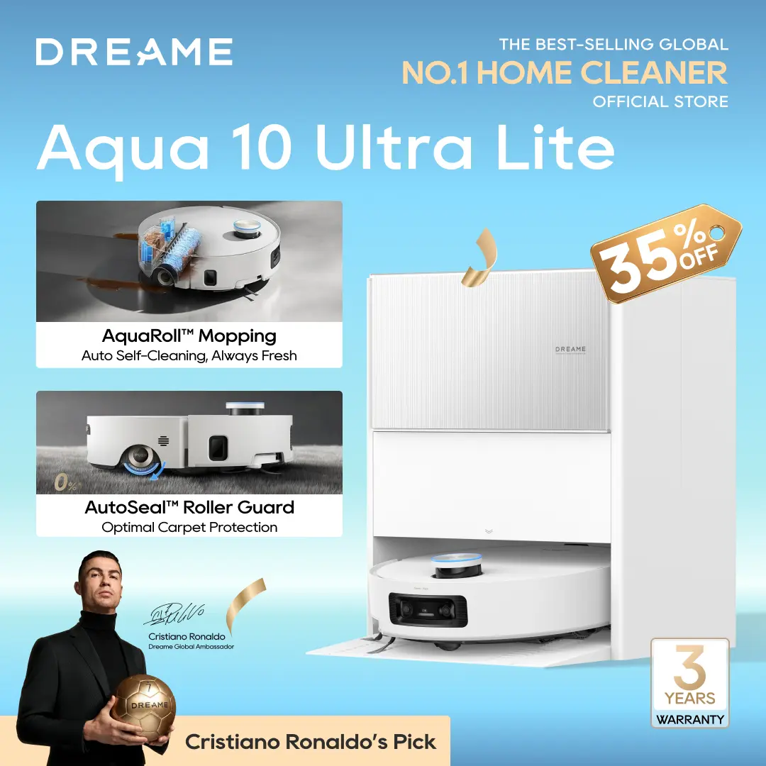 DREAME Aqua10 Ultra Roller Lite Cordless Wireless Vacuum Cleaner Mop - 30,000Pa Suction, Self-Cleaning Dock, Extending Roller Mop, Heat-Wash & Dry, Carpet Protection, AI Camera, LiDAR Avoidance Tech, Voice Control, Always Fresh Floor Cleaning Tool, Cordle