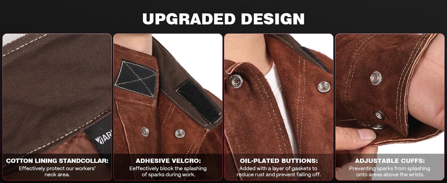 Heavy Duty Cowhide Welding Jacket Brown Leather Coat with Durable Pockets and Secure Fastening