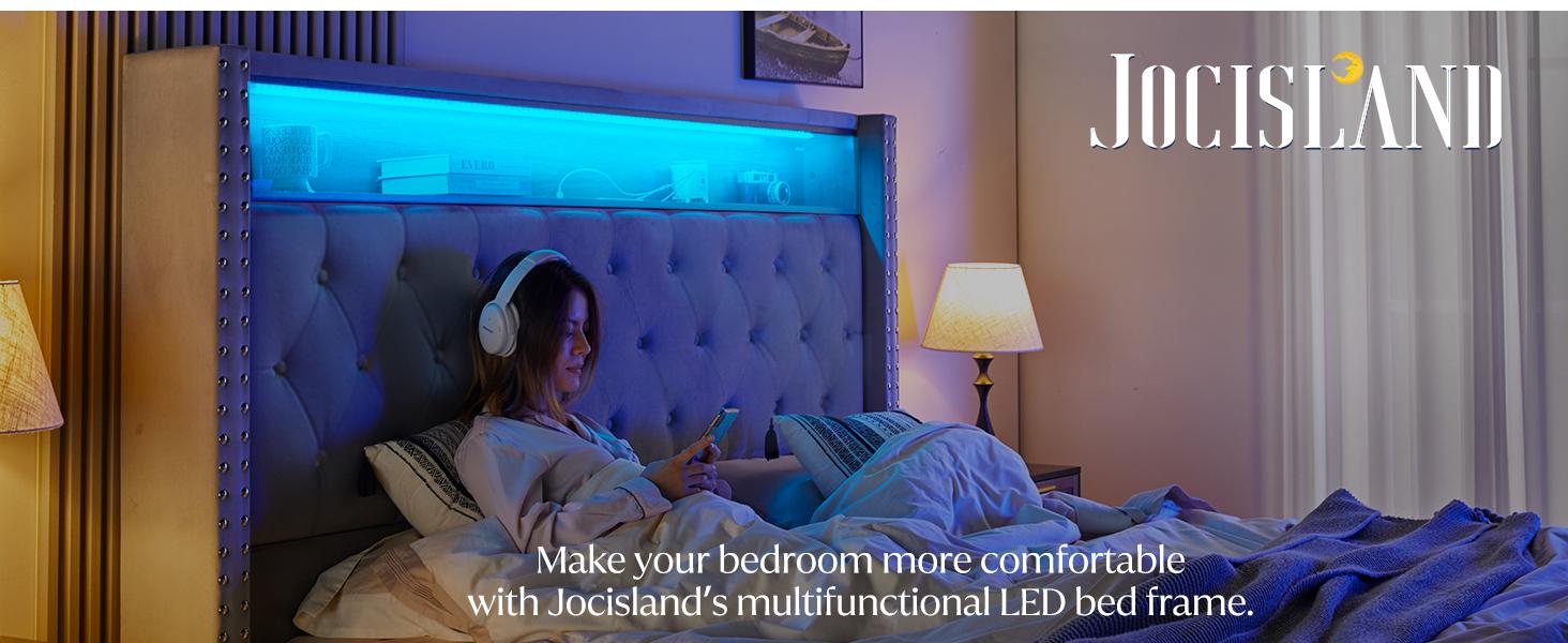 AMERLIFE LED Bed Frame with USB Ports and Motion Activated Night Light, Upholstered Bed Frame with Storage Button Tufted Headboard and Wingback, Comfortable&Sturdy/Queen/King Size/Best Gift Ideas/Christmas Gifts