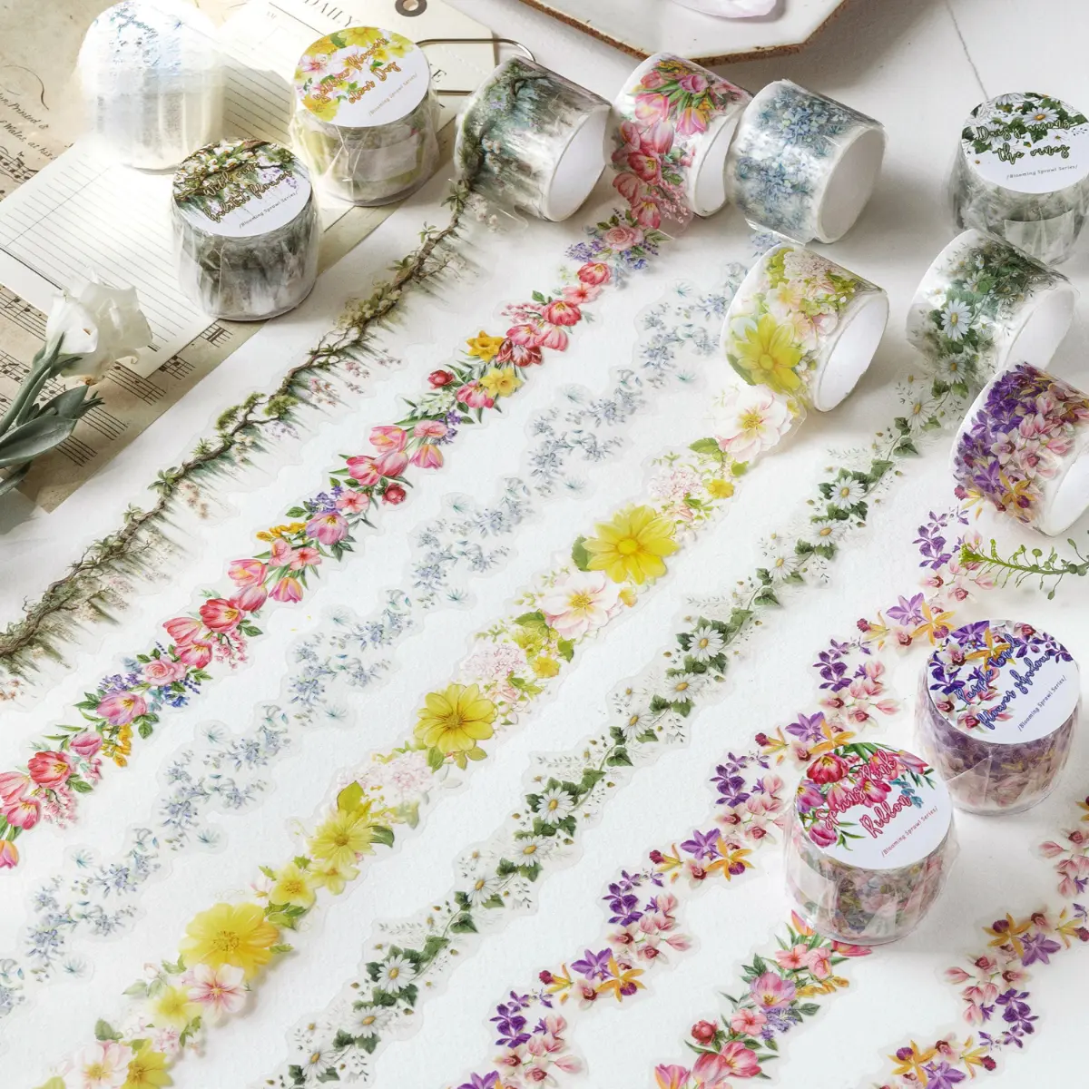 6 Pcs Vintage Alien-Themed Sticky Tape, Polyethylene Terephthalate (PET) Water-Resistant, Retro Plant Floral Vine Design, Versatile Office Stationery for Journal Lovers’ Scrapbook Notebook Decoration