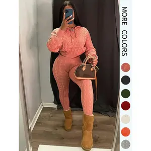 Women's minimalist textured long sleeved crop top hooded sweater and high waisted leggings set, casual and comfortable women's knitted set, basic women's clothing