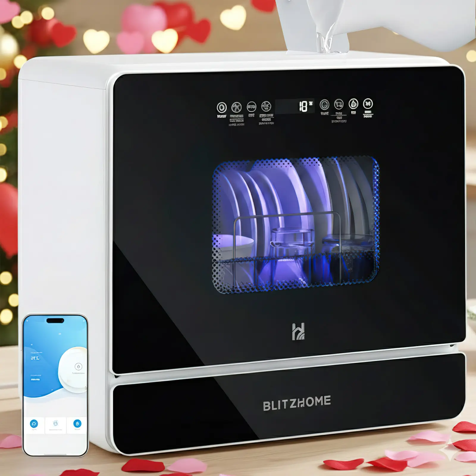 [Summwins] BLITZHOME Portable Countertop Mini Dishwasher Machine, WiFi Smart App Control, 9 Programs, 167℉ High-Temp Cleaning, Hot Air Drying, Air Refresh, 360° 3-Spray, 24H Timing, 5.2L Built-In Water Tank, Household Appliances for Dorm, Apartment