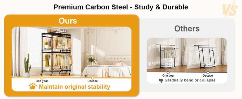 ULIFHOME P4 Plus Rolling Clothes Rack Heavy Duty, Clothing Racks for Hanging Clothes, Free Standing Garment Racks with Wheels, Portable Closet Rack 45''W × 20.5''D × 80.5''H, Max Load 570 Lbs, Black