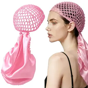 Humwam Non-Detachable Satin Hair Wrap & Net Duo – Adjustable Band for Silk Press, Curls & Braids, Reversible Satin & Handmade Netting