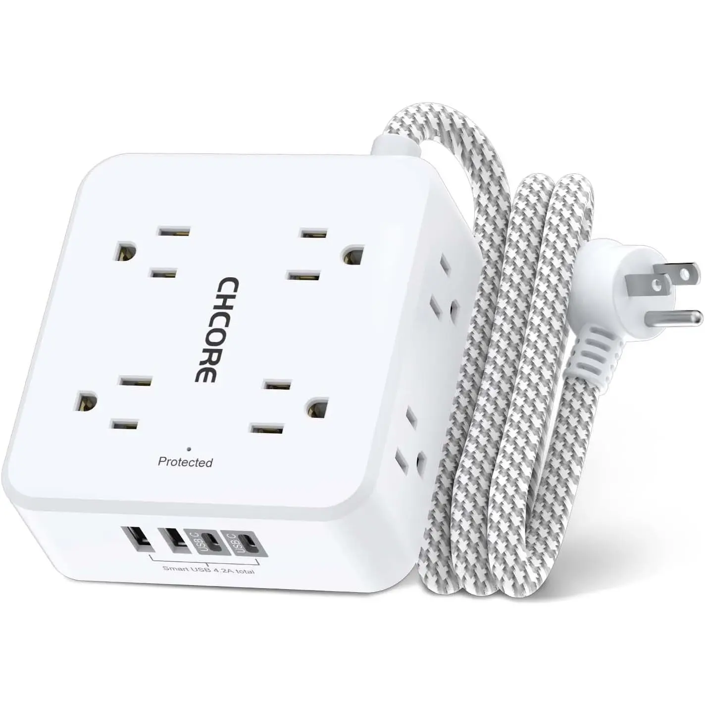 Surge Protector Power Strip - 5Ft Braided Extension Cord with 8 Outlets with 4 USB (2 USB C) Charging Ports, Flat Plug Multi Plug Outlet Extender Charging Station for Home Office, ETL, White