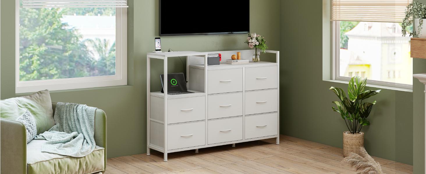 Wooden Top TV Media Console Table with 8 Fabric Drawers 1 Shelves TV Stand for Up to 45 inch TV Entertainment Center with Charging Station for Living Room Hallway
