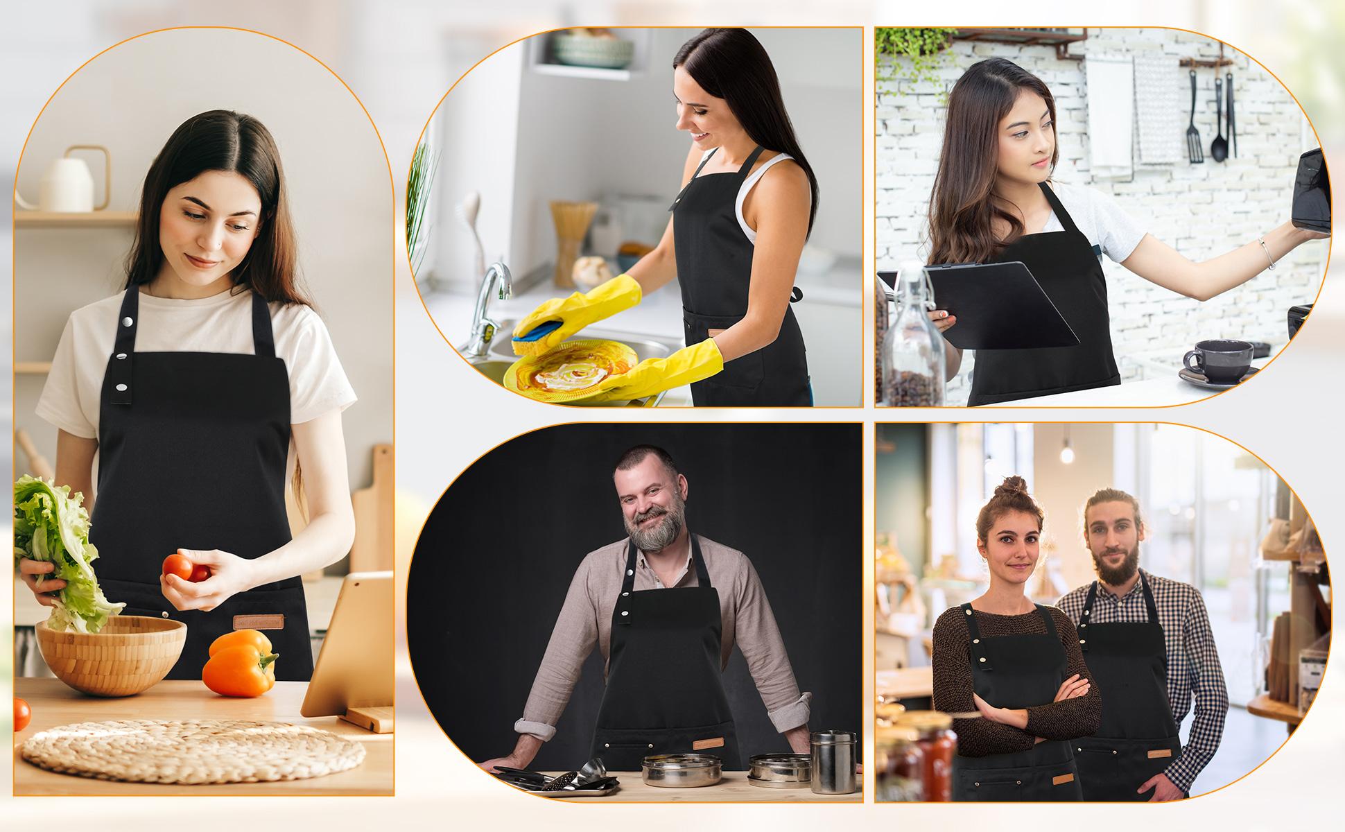 2 Pack Kitchen Aprons for Women Adjustable Cooking Aprons with Pockets Waterproof Chef Aprons in Black Polyester Material 75cm Length 65cm Base Width Practical Pockets & Adjustable Neck professional apron