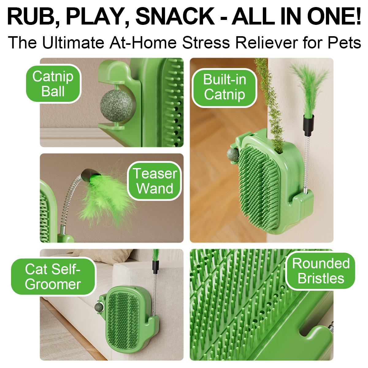 Three in one cat groomer with catnip ball and feather teaser