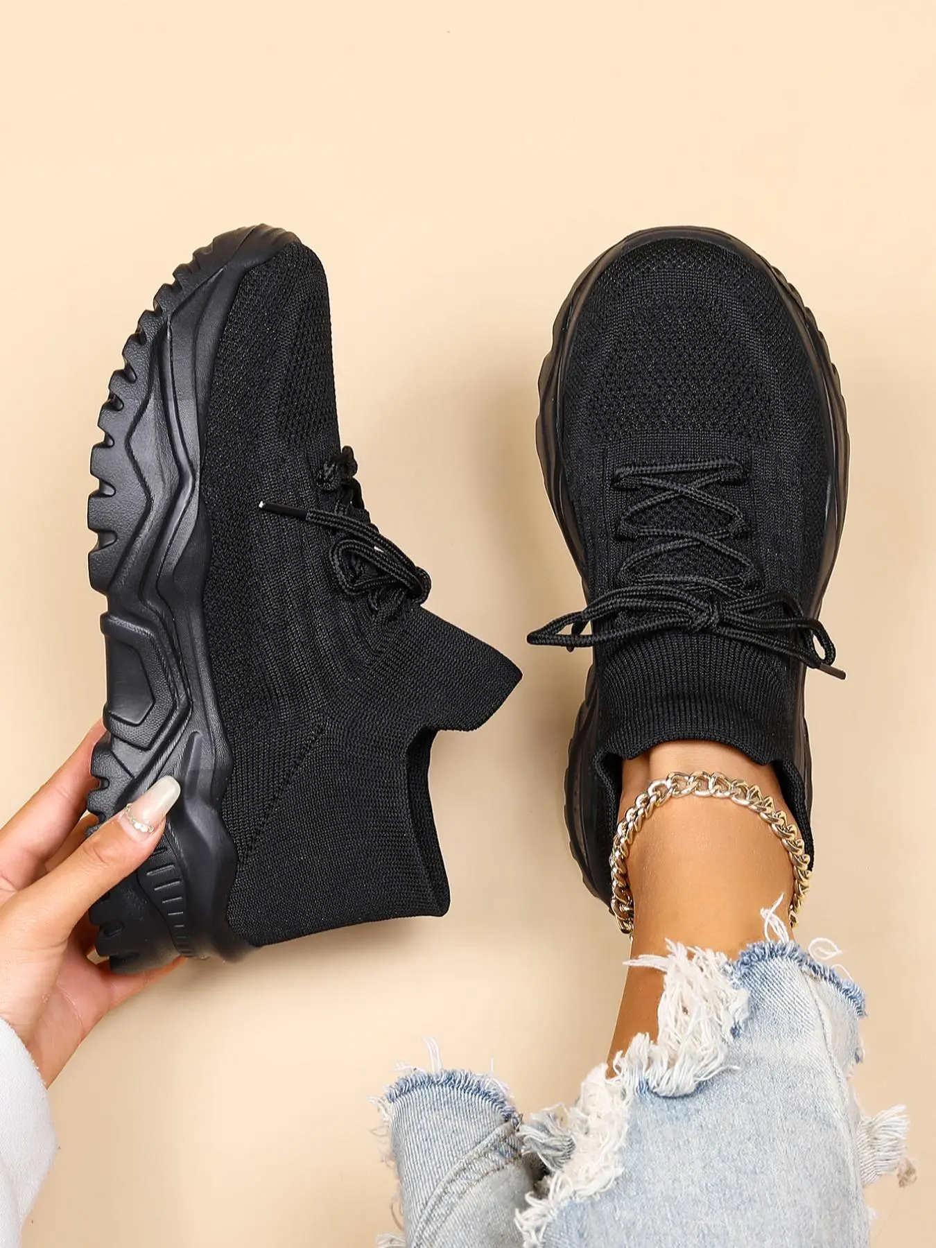 Women's Fashion Lace-Up Solid Color Sneakers, Casual Comfortable Sports Low Top Mesh Fabric Sneakers, Thick Sole Sneakers, Athletic Breathable Walking Sneakers, Trendy Shoes for Daily Wear, Casual Sneaker Trainer, Thick Soled Sneakers