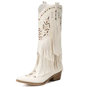 【Valentine's Day Gift】Cowboy Boots for Women - Fringe Knee High Cowgirl Boots with Classic Embroidery, Pointed Toe, Retro Design for Western Parties and Weddings Comfort  Walking Shoes Decor fall boots Footwear White