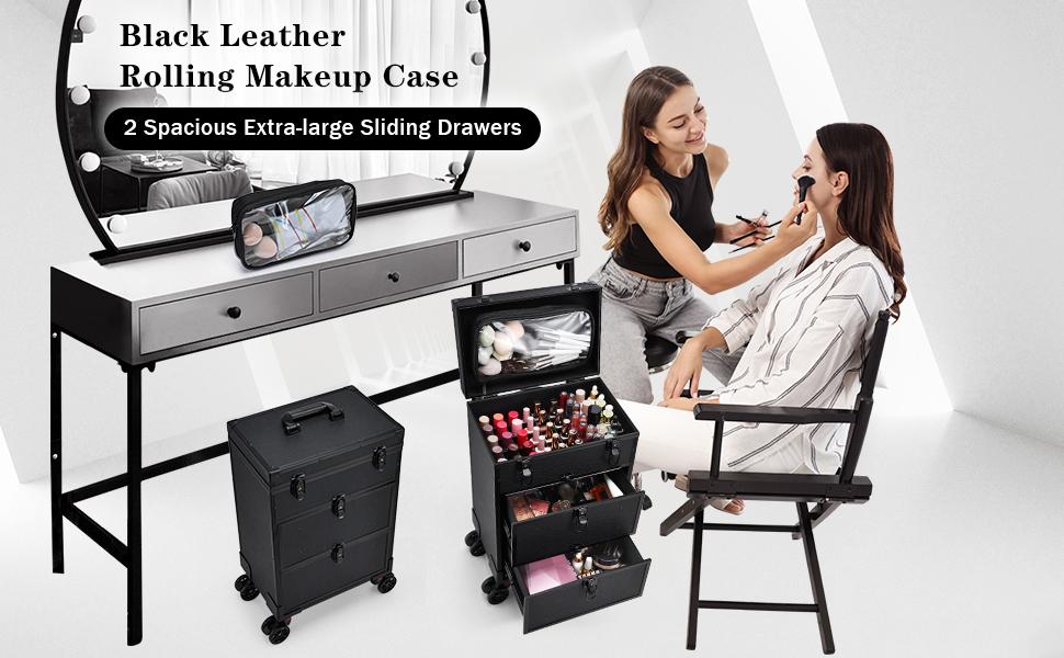Rolling Makeup Case with Wheels Professional Cosmetology Trolley Case with 2 Large Drawers Travel Makeup Train Case with Pouch Nail Suitcase