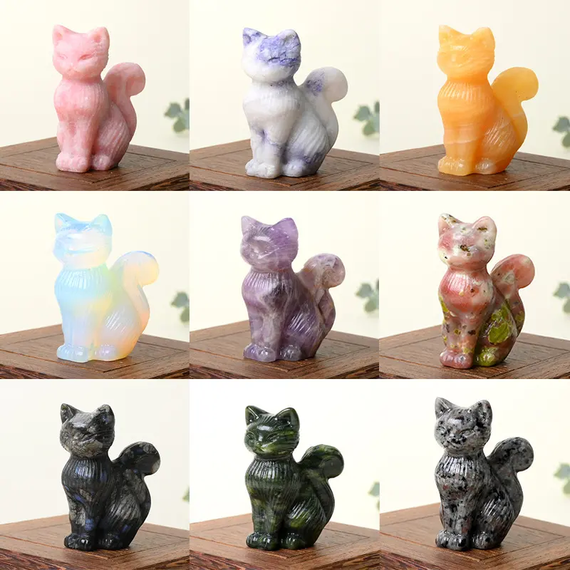 Hand-carved Natural Gemstone Cat Figurine, Mini Healing Crystal Animal Sculpture, Cute Boho Desk & Room Decor, Spiritual Energy Ornament for All Ages