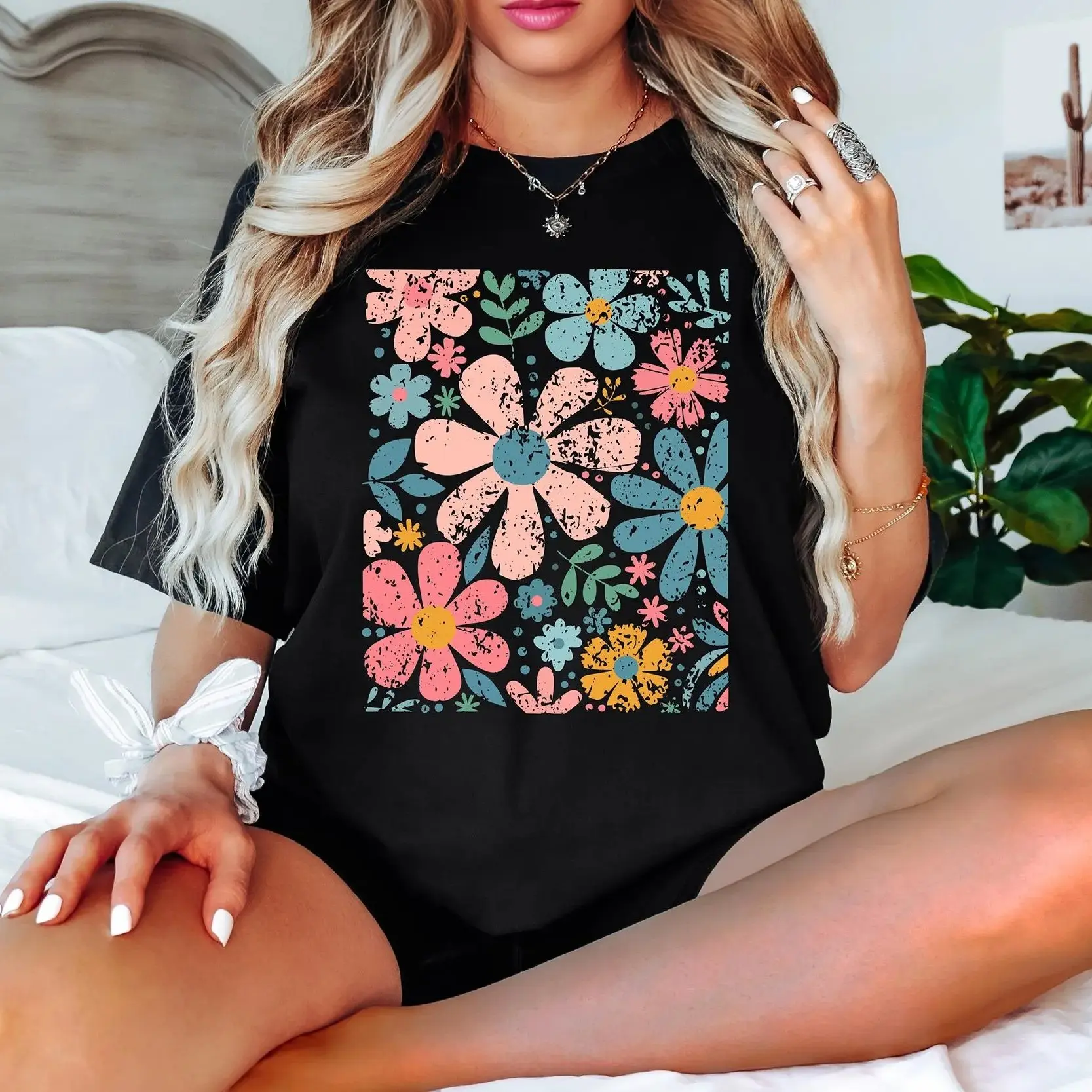 Boho Wildflowers, Flowers Shirt, Womens Graphic Tee, Floral Shirt, Nature Lover Gift, Garment Dyed, Cottagecore Shirt, Boho Summer Shirt Cotton Flat country concert outfits western outfits lucky 777 shirt Streetwear Unisex shirts women