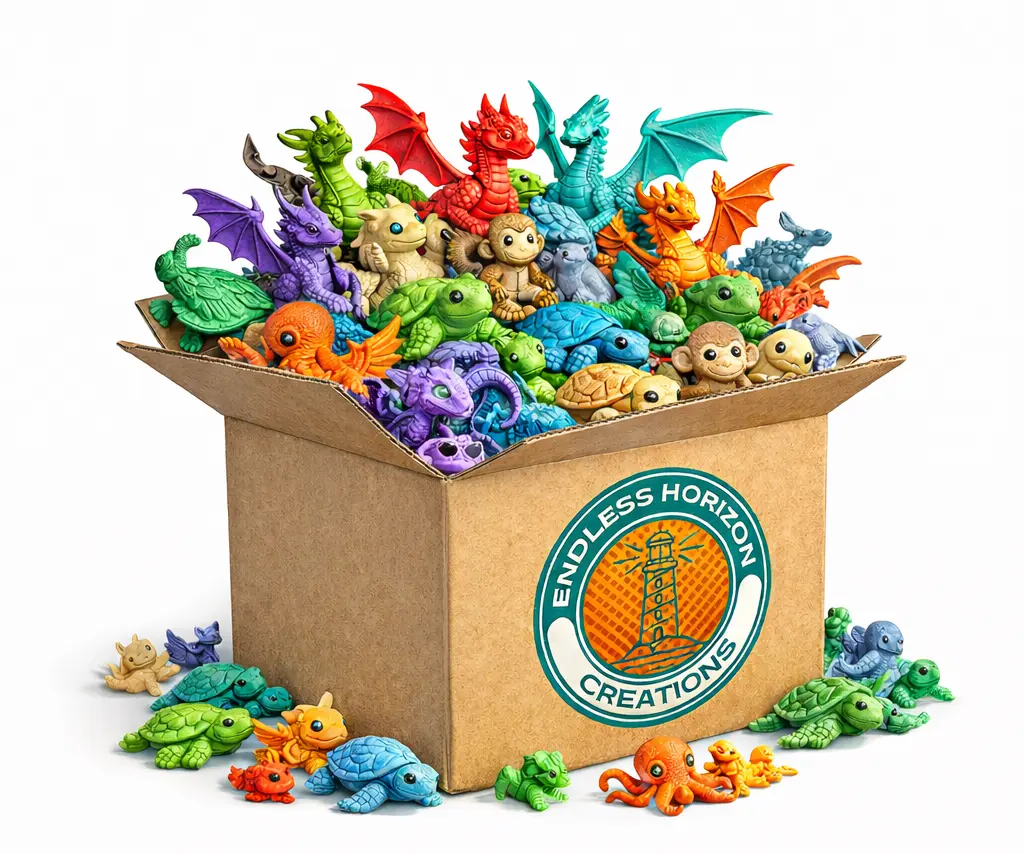 Endless Horizon Creations Live Build-A-Box, Customizable 3D Printed Articulated Figures, Dragons, Animals, Fidgets and Collectibles!