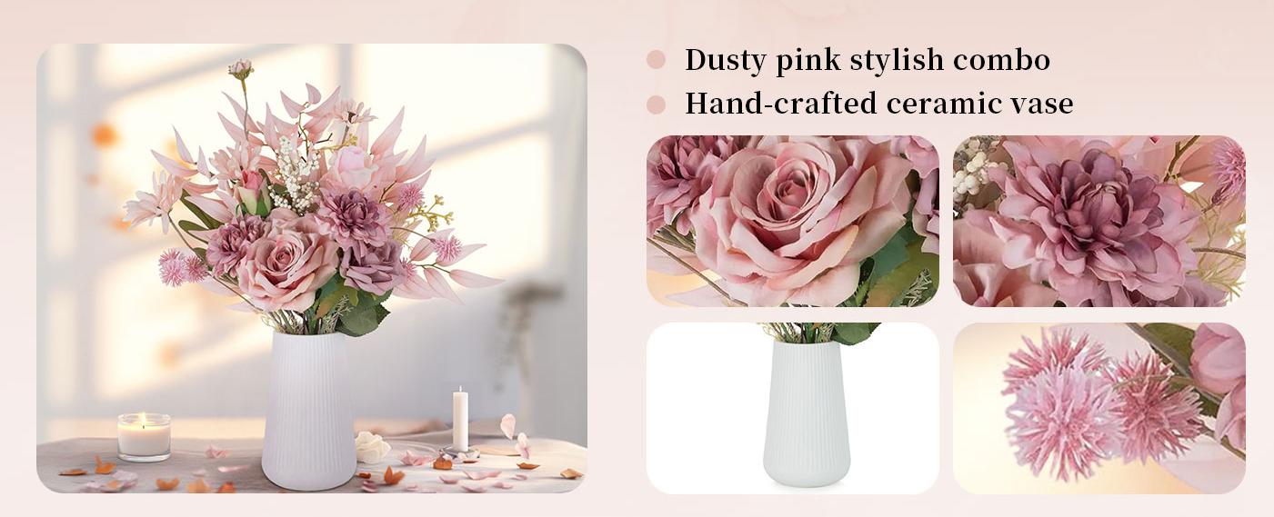 Dusty Pink Artificial Flowers in Ceramic Vase Home Decor - Fake Roses Faux Dahlias Bouquet Kitchen Dining Room Wedding Decoration arrangement