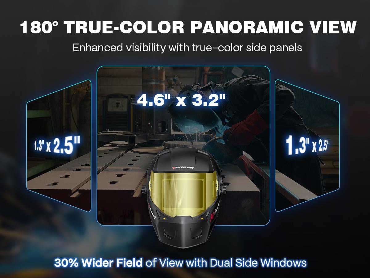 ARCCAPTAIN Intelligent Auto-Shade Welding Helmet, 180° Panoramic Auto-Darkening Hood with Internal Display, True Color 1/1/1/1, Memory & Gradient, Built-in LED Light for TIG/MIG/Stick/Cut/Grind