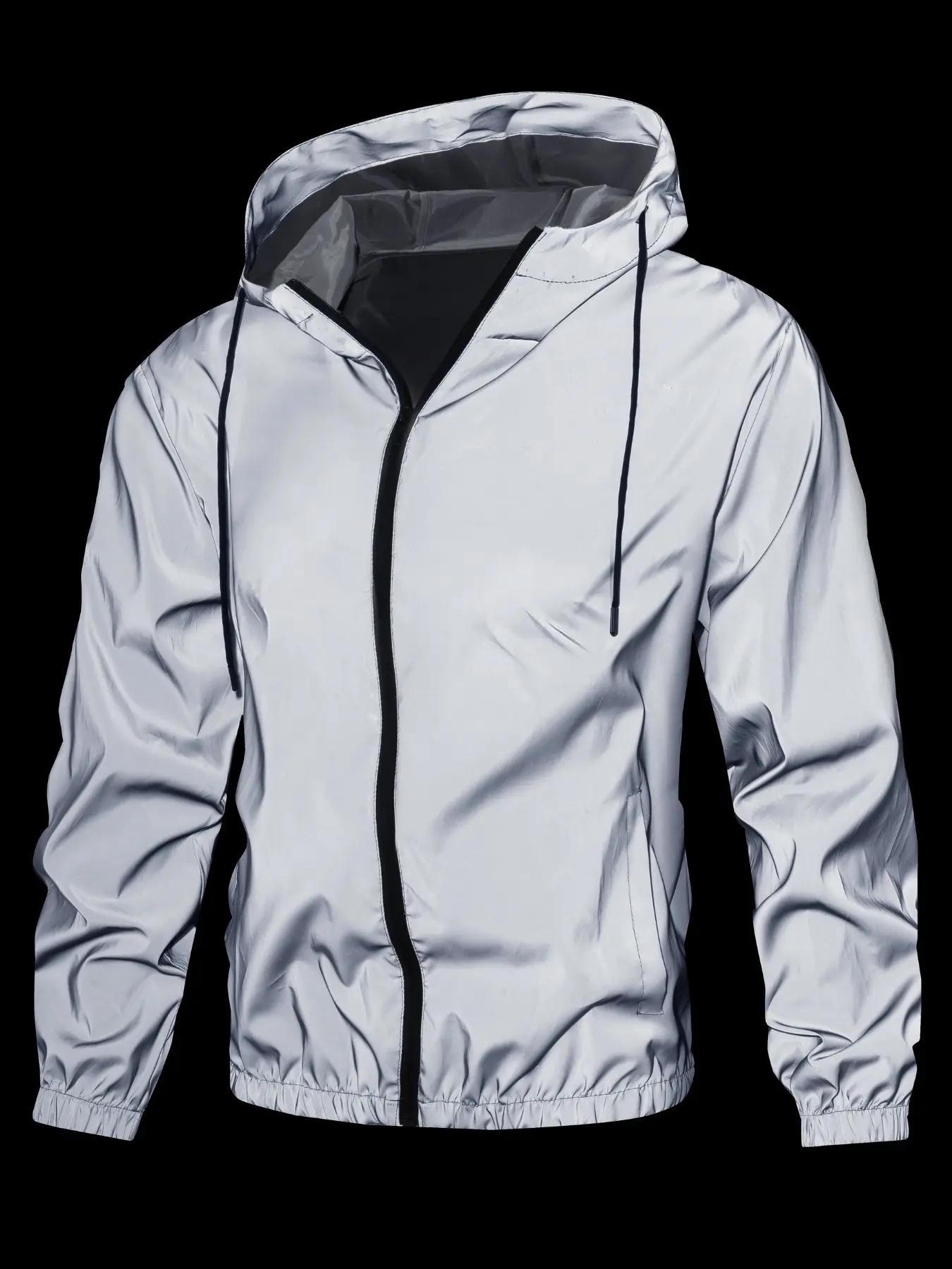 Men's Reflective Lightweight Windproof Jacket Hoodie, Waterproof Zipper Outerwear with Drawstring, Contrast Binding, Spring Outdoor Essentials
