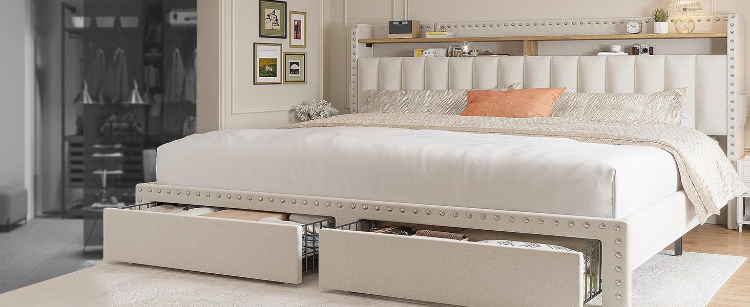 NO MATTRESS, Queen Size Bed Frame with Storage Drawers, King Size bed with Headboard, Soft Upholstered Queen or Full Size Divan Beds with 2 Drawers and Built-in Shelves NO MATTRESS, Queen Size Bed Frame with Storage Drawers, King Size bed with Headboard, Soft Upholstered Queen or Full Size Divan Beds with 2 Drawers and Built-in Shelves