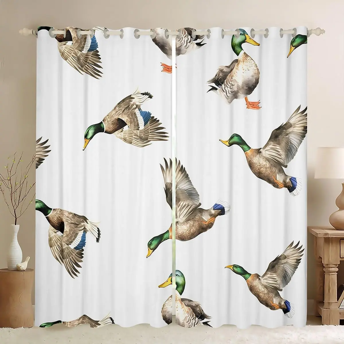 Feelyou White Velvet Duck Bird Print Animal Decorative Blackout Curtains - 2 Panels (38x45 in), 30%-50% Darkening, Adjustable Custom Size Options, Privacy Grommet Window Cover, Hunting Interior Decor Accessory, Adjustable Size Curtains