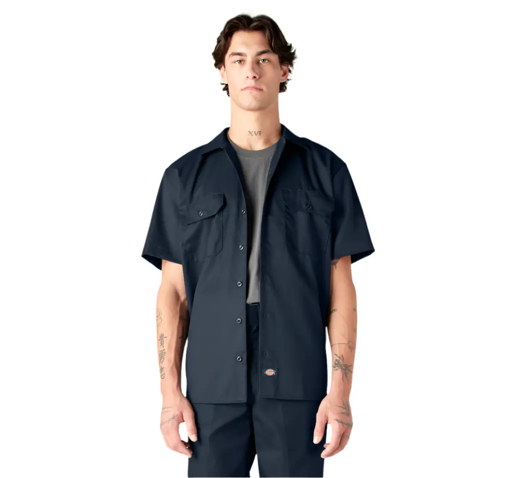 Dickies Men's Original Fitted Short-Sleeve Button-Down Shirt - Dark Navy Twill, Moisture-Wicking, Wrinkle-Resistant, Medium Hem, Pocket Flaps, Generous Fit, m, 1922 Workwear Vibe, Buttoned or Tee Option, Menswear Casual Summer Top, Fabric, Shortsleeve