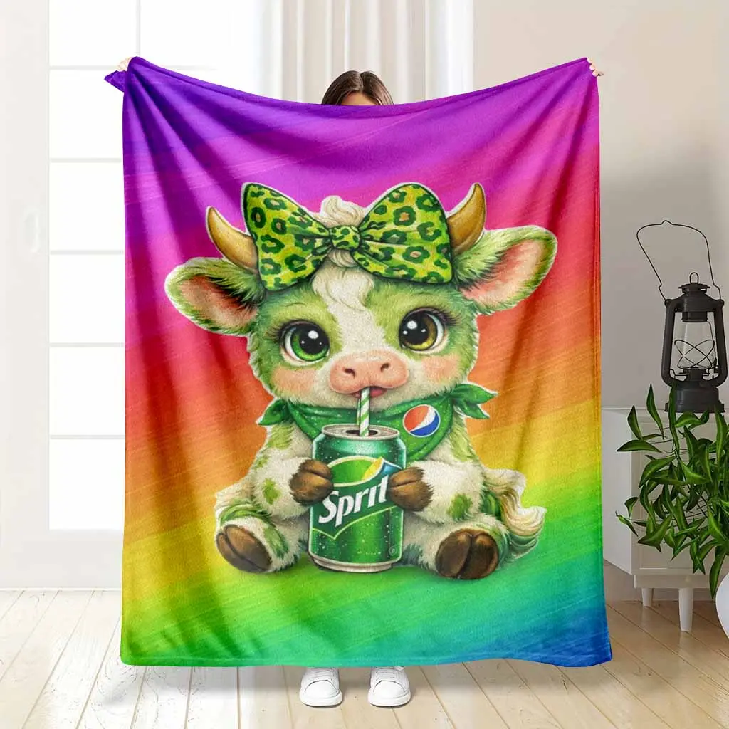 Rainbow Animal Themed Flannel Fabric Blanket - Cute Green Cow, Leopard Bow, Green Soda Prints, Soft Warm Lightweight Fleece Throw, Anti-Pilling, Wrinkle Resistant, Indoor/Outdoor Cozy Bedding, 30*40In (Small for Babies), Animal-Themed Blankets, Multi-Size