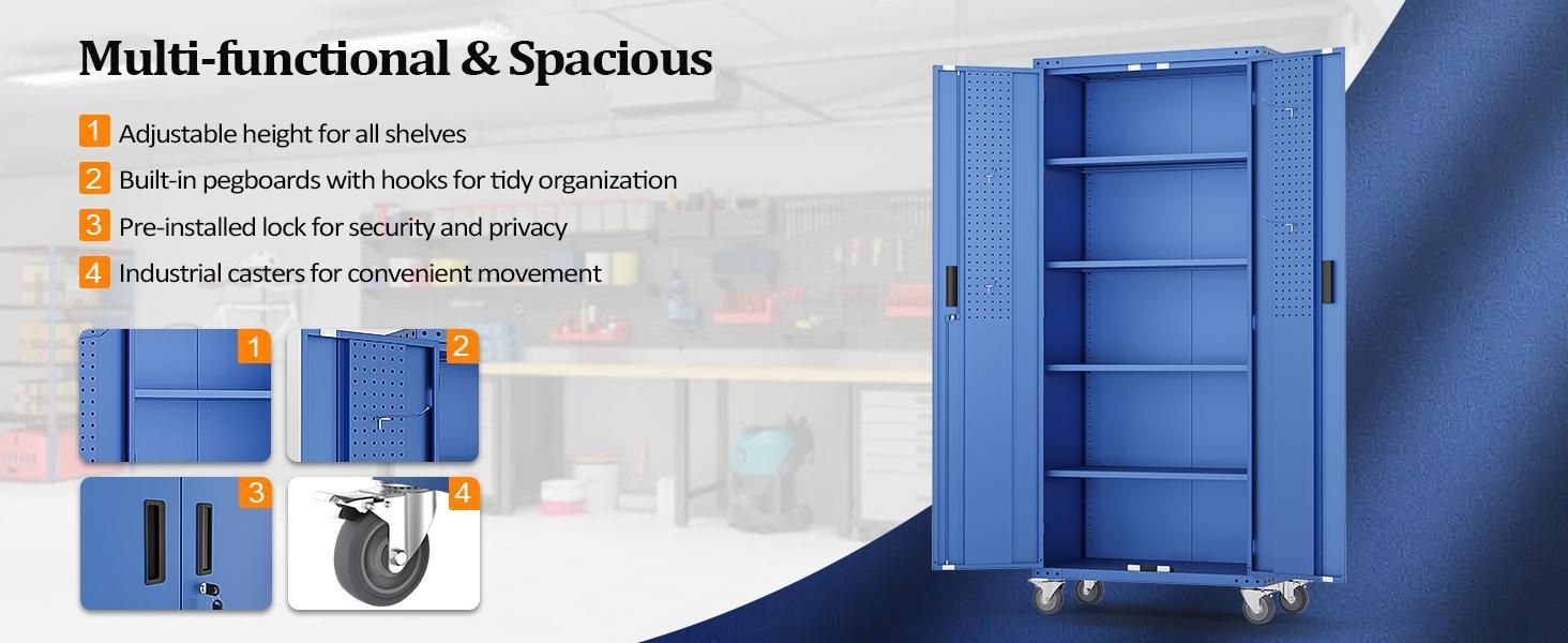 VINGLI 72'' Tall Metal Garage Storage Cabinet with Pegboards, Wheels, Locking Doors and Adjustable Shelves, File Cabinet/Tool Cabinet for Home Office/School (Blue, 32W x 16D x 72H)