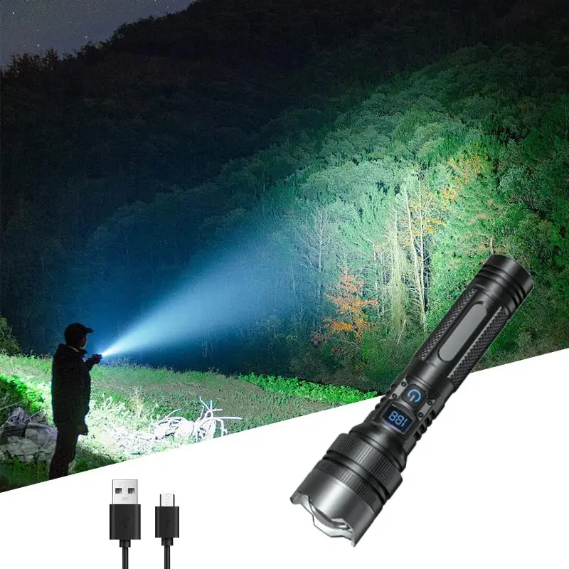 Qawtor 2-in-1 Handheld LED Flashlight-Power Bank, Rechargeable Lithium Ion Battery Torch with Digital Power Display, Zoomable, 4X Waterproof, Adjustable Brightness, USB Port, Outdoor Camping Accessory (Black)