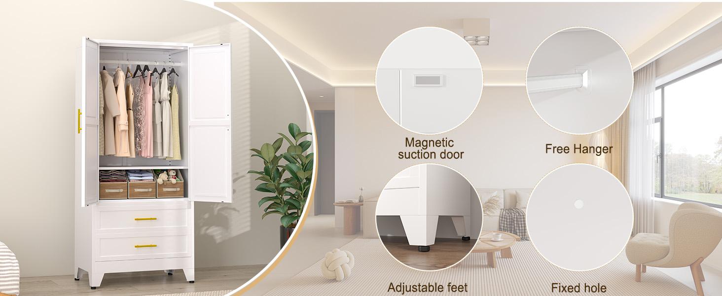Metal Wardrobe Closet 71" with 2 Doors & 2 Drawers, Armoire Wardrobe Closet with Hanging Rods and Adjustable Shelf, Steel Wardrobe Storage Cabinet for Bedroom, Large mothersdaygift