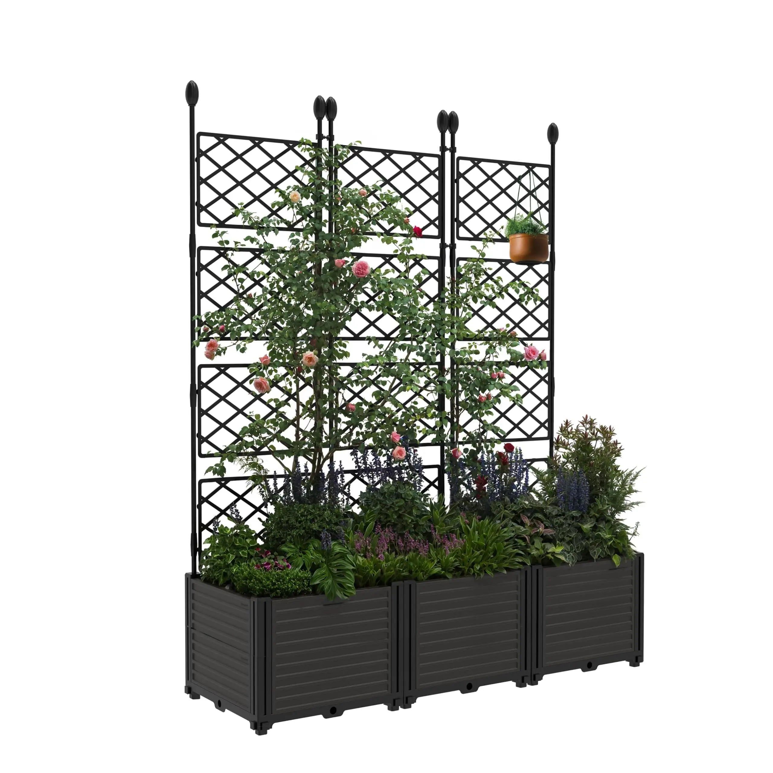 3 PCS Durable Plastic Raised Garden Bed with Metal Trellis Panels (125x41x160 cm) - Stackable Vertical Garden System, Lightweight Outdoor Planter Box for Climbing Plants, Cucumbers, Compact Balconies Privacy Screen, Durable Plastic Planters, Clematis