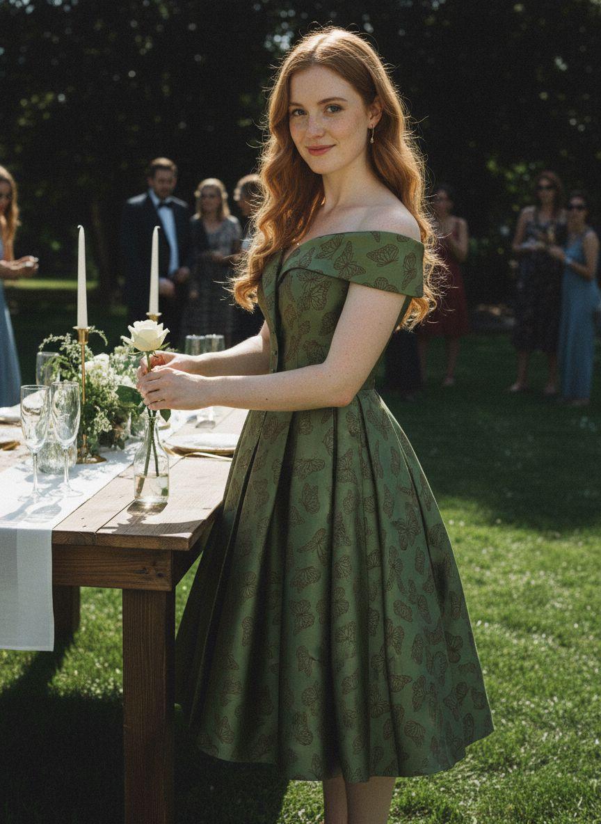 Green 1950s Off-Shoulder Vintage Dress Formal Womenswear Sleeveless Floral Valentine's Day Summer Holiday Dress wedding guset with Back Concealed Zipper Knee Length