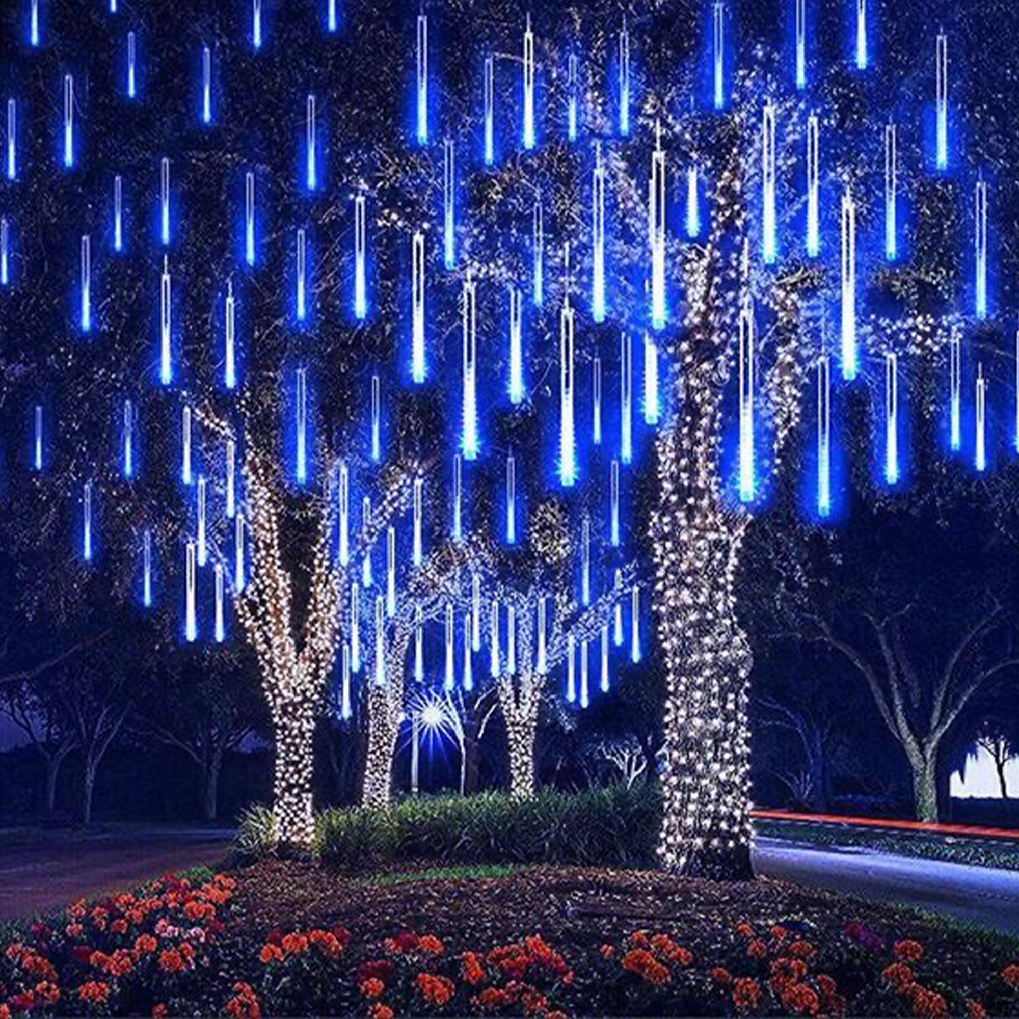 Meteor Shower Rain Lights, 288 LED Falling Rain Christmas Lights with 8 Tubes (11.8" Each), Waterfall Effect Plug-in Outdoor Decor for Xmas Tree, Yard, Roof, Party (Warm White/Blue/White)