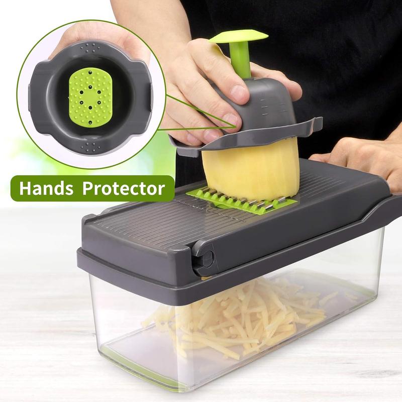 Vegetable Chopper Multifunctional 14-in-1 ABS & Stainless Steel Blades Onion Chopper Slicer Cutter Dicer with 8 Interchangeable Blades Colander Basket Container for Salad Potato Carrot Garlic Easy Clean