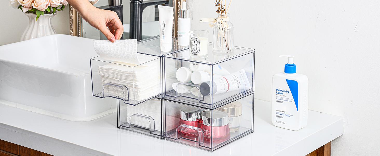 4 Pack Clear Small Stackable Storage Drawers,Acrylic Bathroom Makeup Organizer,Plastic Storage Bins For Vanity, Undersink, Kitchen Cabinets, Pantry, Home Organization