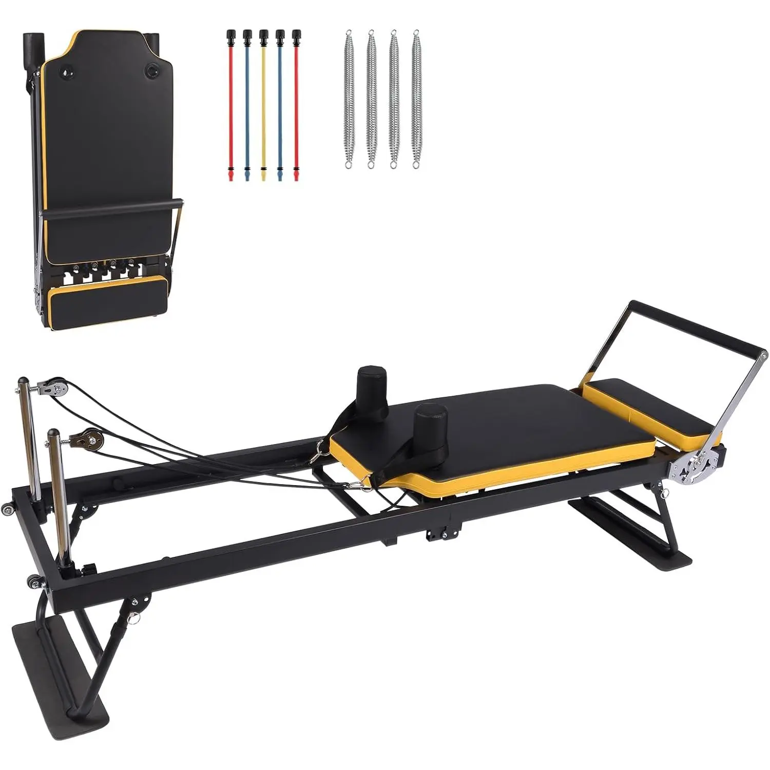 Unisex Foldable Pilates Machine with Steel Frame, Adjustable Dual Resistance, 4 Springs, 5 Straps, Compact Design, Breathable Leather, Durable & Resilient for 264 lbs Adults’ Home Workouts, Back Pain Relief, Balance Improvement, Bone Density Enhancement