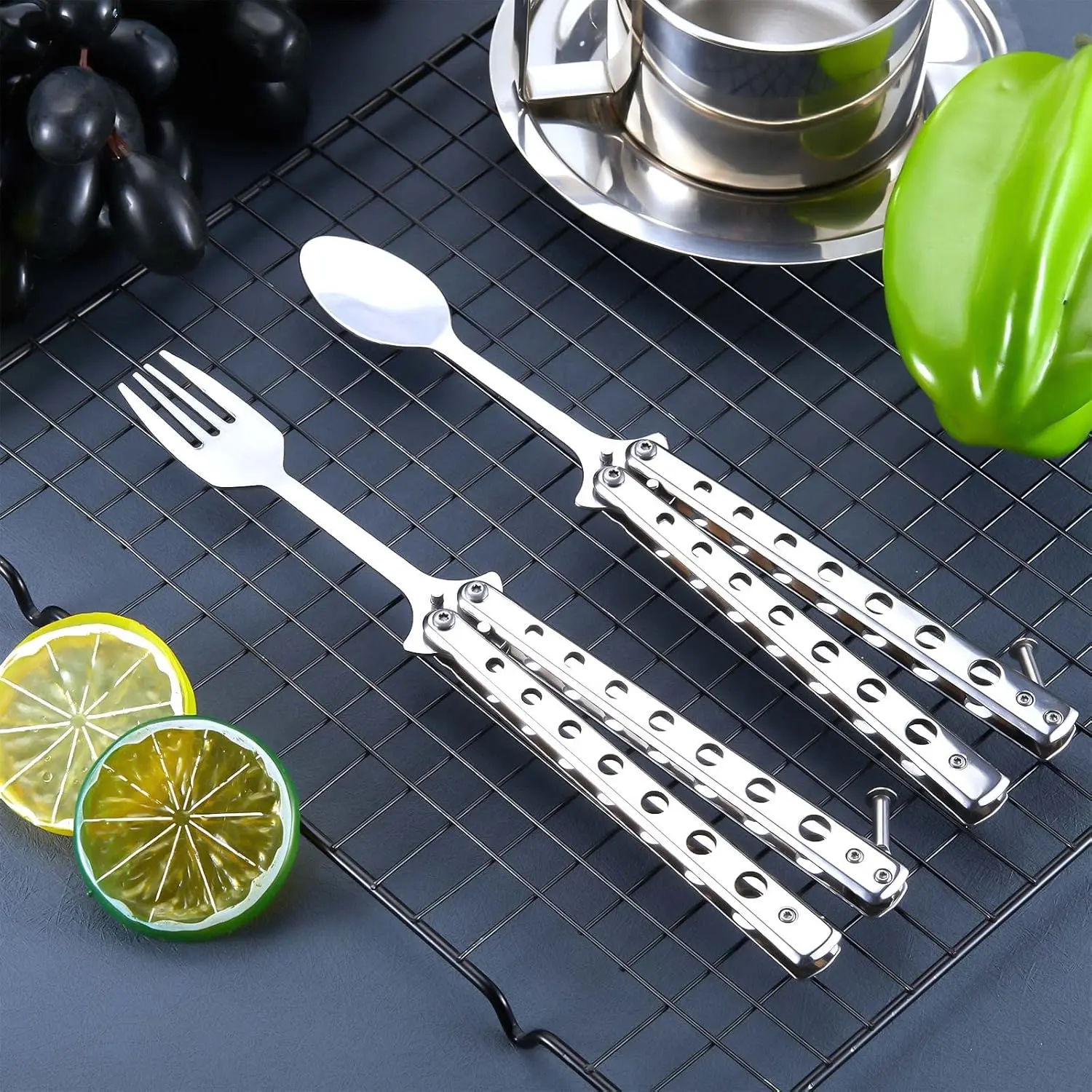 Stainless Steel 2-Piece Tactical Butterfly Spork Set - Balisong Flip, Compact Fold, Rust Proof, Safe Dull Edge, 110-120g Folding Fork Spoon Trainer Utensil for Camping, Outdoor Home Kitchen Cutlery