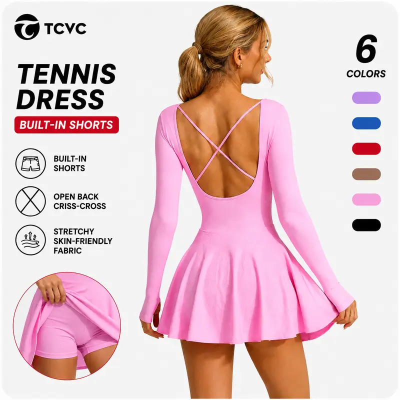 TCVC Women's Cross Back Sports Dress, Long Sleeve Square Neck | Tennis, Yoga & Outdoor Activities | Skin-Friendly & Figure Flattering Womenswear