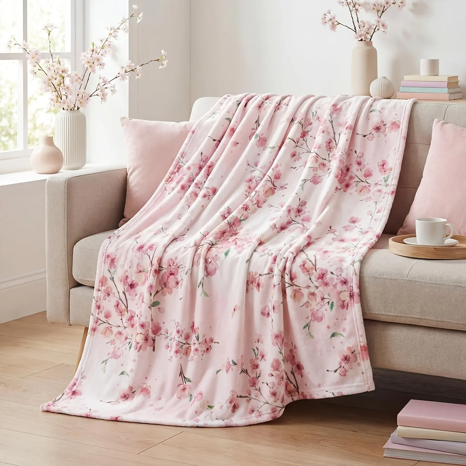 Watercolor Pink Cherry Blossom Flannel Blanket - Soft, Cozy, Warm Plush Texture Throw, Japanese Sakura Floral Design, Multi-Size, Aesthetic for Bedroom Living Room Decor, Perfect Gift for Women for Home Relaxation, One-Piece