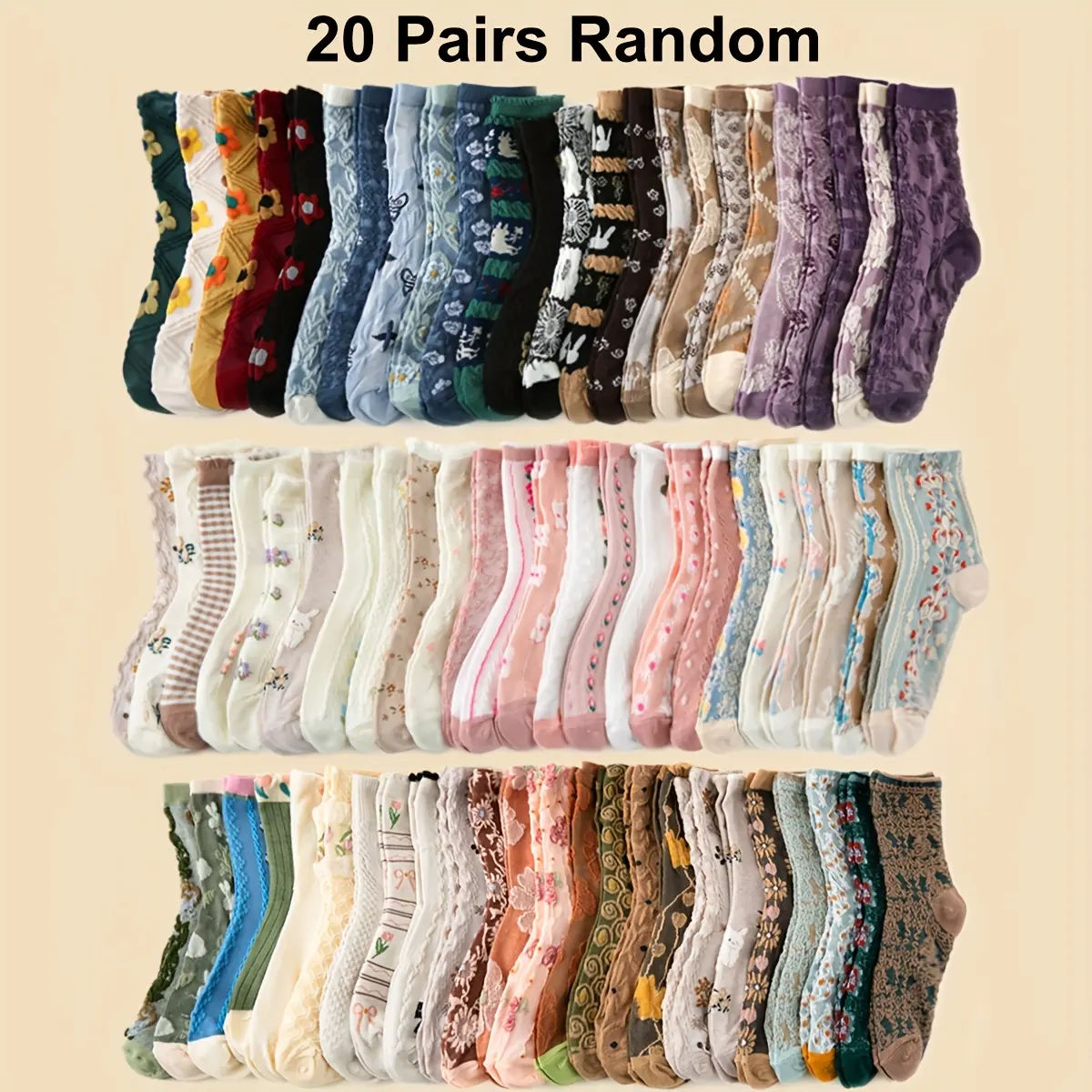 Women's Mid-Tube Bubble Socks (Random-20 Pairs), Retro Palace Style 3D Relief Craftsmanship, Floral Patterns, Personalized Versatile Designs, Soft Breathable, Maternity-Friendly Socks for Women