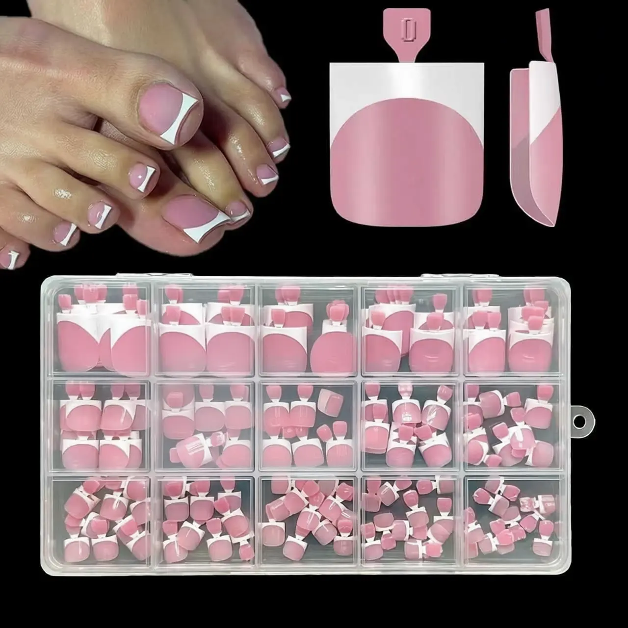 Press On Nails Kit - 150-Pack French Acrylic Toe Nails, Pre-Designed Square Soft Gel Full-Cover Set for Extra-Large Toes, Berry Pink DIY Kit with 15 Sizes, Beauty Products