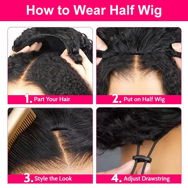 Half Wig Human Hair Burmese Curly Glueless Wig Human Hair Ready to Wear Kinky Curly 3 IN 1 Half Wig With Drawstring 180% Curly Half Wig