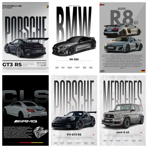 Modern Sports Car Canvas Poster - GT3 RS, M4, AMG, R8 Designs, Minimalist Wall Decor, Garage-Ready Art, Gift for Car Enthusiasts, Living Room Decoration