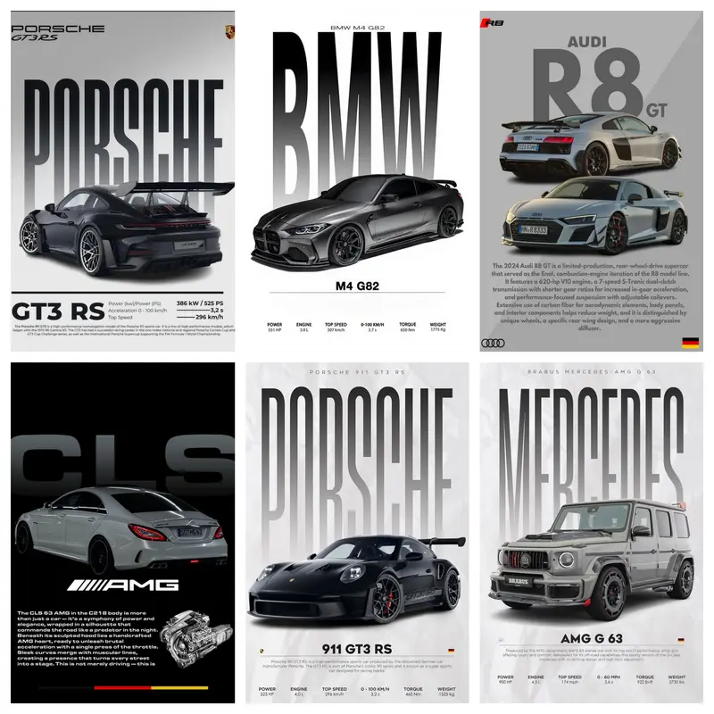 Modern Sports Car Canvas Poster - GT3 RS, M4, AMG, R8 Designs, Minimalist Wall Decor, Garage-Ready Art, Gift for Car Enthusiasts, Living Room Decoration