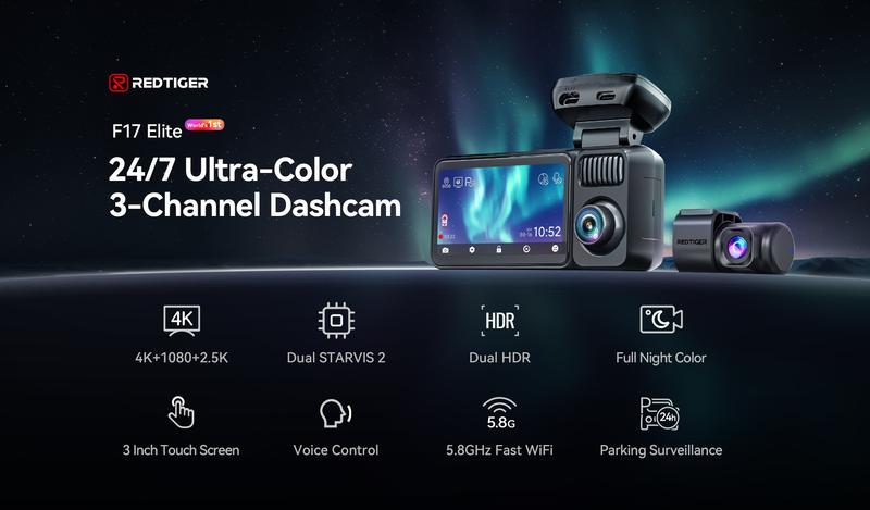 REDTIGER F17 Elite 4K 3-Channel Dash Cam with STARVIS 2 IMX678 & IMX675, 128GB Card, Full Night Color, 4K+2.5K+1080P Front Rear Inside, Touch Screen, Voice Control, 5GHz WiFi 6, GPS, HDR, Parking Mode, 24 Hours Recording - Car Camera Holiday Haul