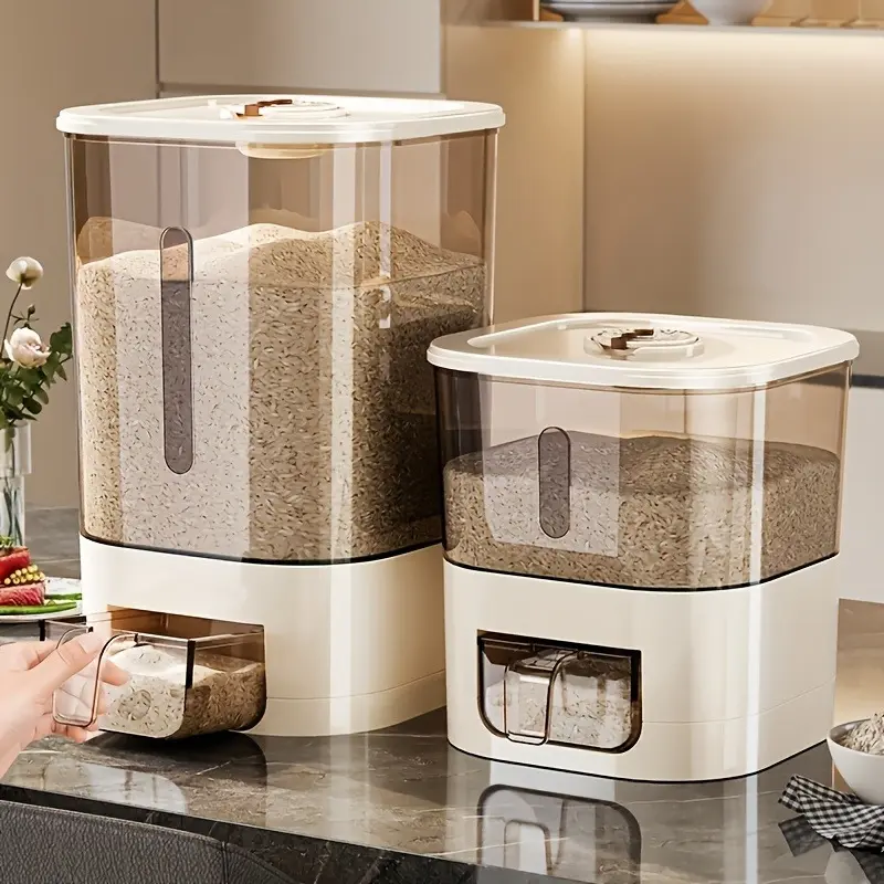 LDQ Jin Durable Plastic Automatic Rice Dispenser with Cup - 14LB/25LB/25L Large Size Rice Storage Containers, Waterproof Moisture-Proof Sealed Flip Top Lid, Auto Portioning, Less Hand Contact Home Supplies for Household Use Grain/Pet Food Freshness Keeper