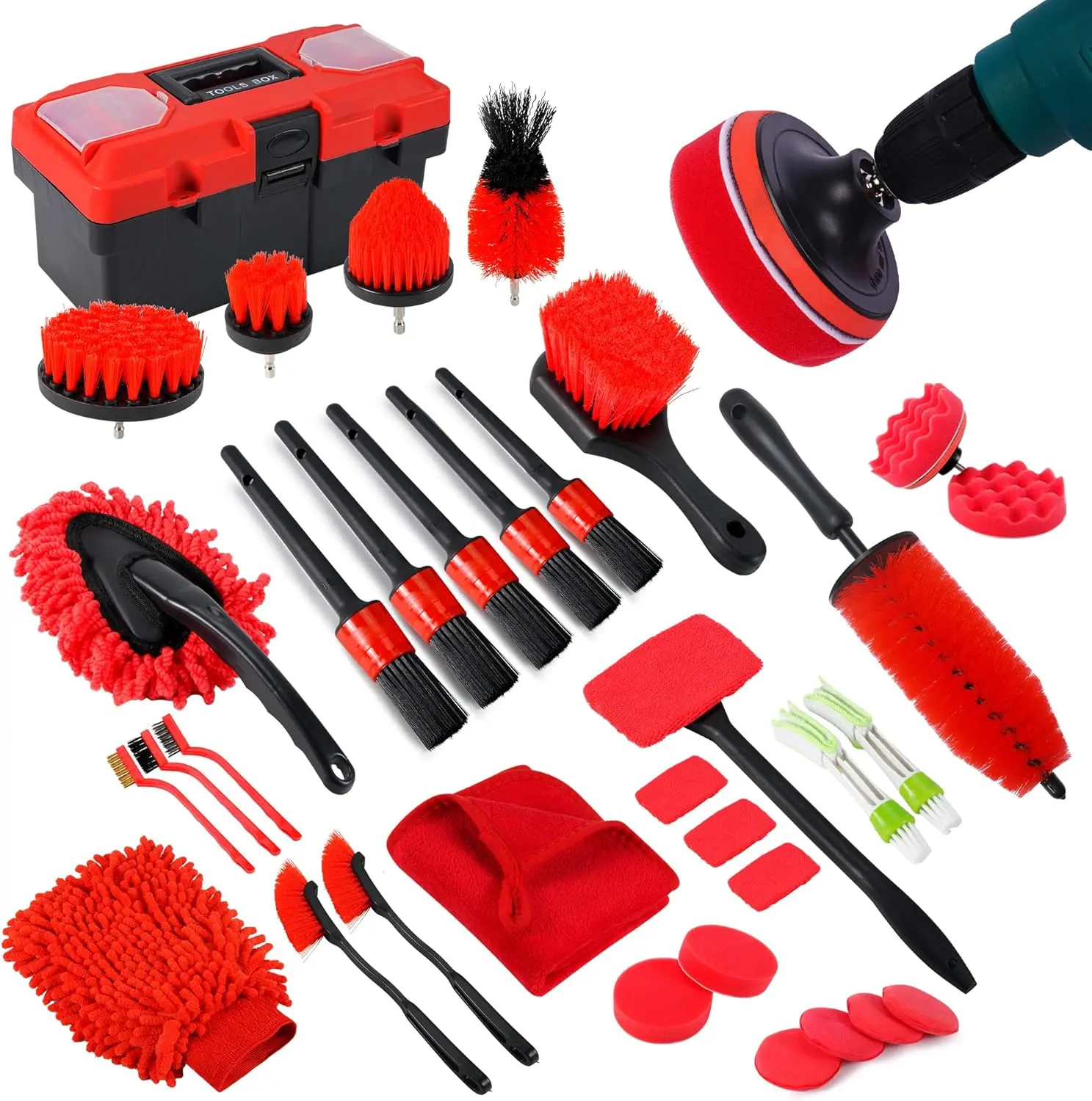 Happy Independence Day Car Detailing Kit, 35Pcs Professional Car Cleaning Kit with Red Tool Box | Complete Auto Wash Set with Windshield Tool, Long Wheel Brush, Angled Brushes, Polishing & Wax Pads