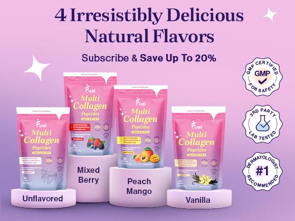 Fuel Multi Collagen Peptides 3 Packs - Hydrated Protein Peptides with Biotin, Resveratrol & Micro-Ingredient Vitamin C - Includes All Flavors - Edible Dietary