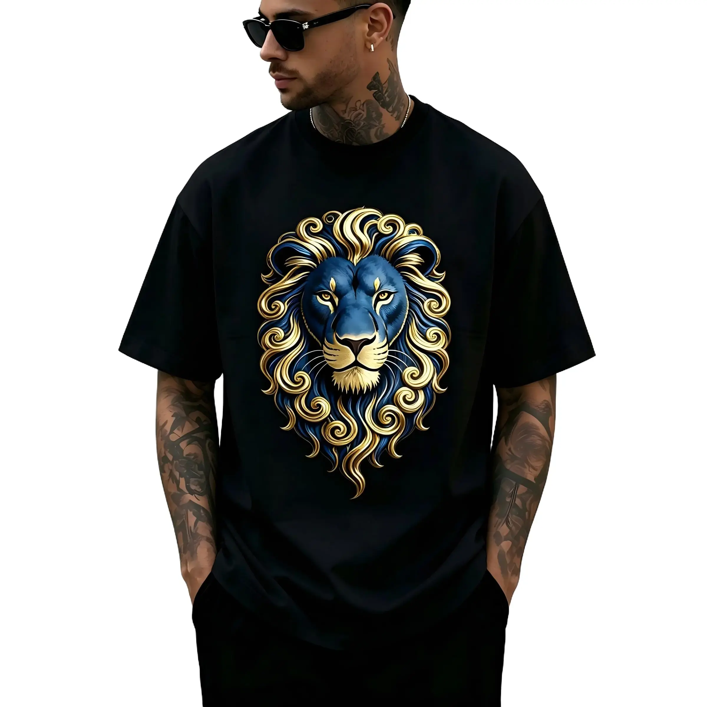 Luxury Blue Gold Lion Head T-Shirt for Men & Women - Swirly Mane Embossed Graphic, Soft Cotton Crew Neck Short Sleeve, All-Season Summer Spring Casual, Great for Daily Wear & Trendy Style, Machine Washable