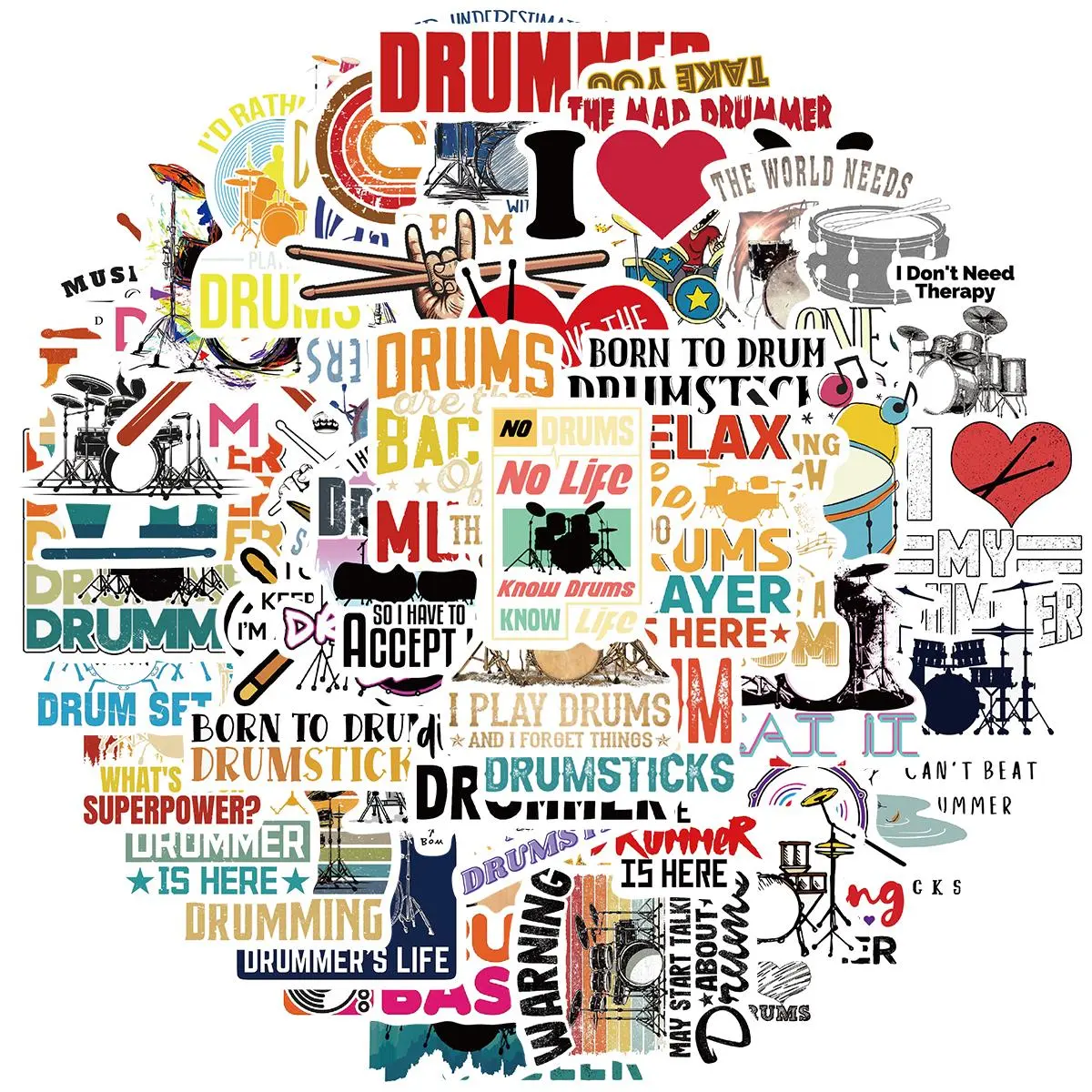 Drum Stickers, 50pcs/set Music Stickers, Cool Drummer Sticker for Water Bottle, Laptop, Skateboard, Bike, Phone, Computer, Travel Case, Decor