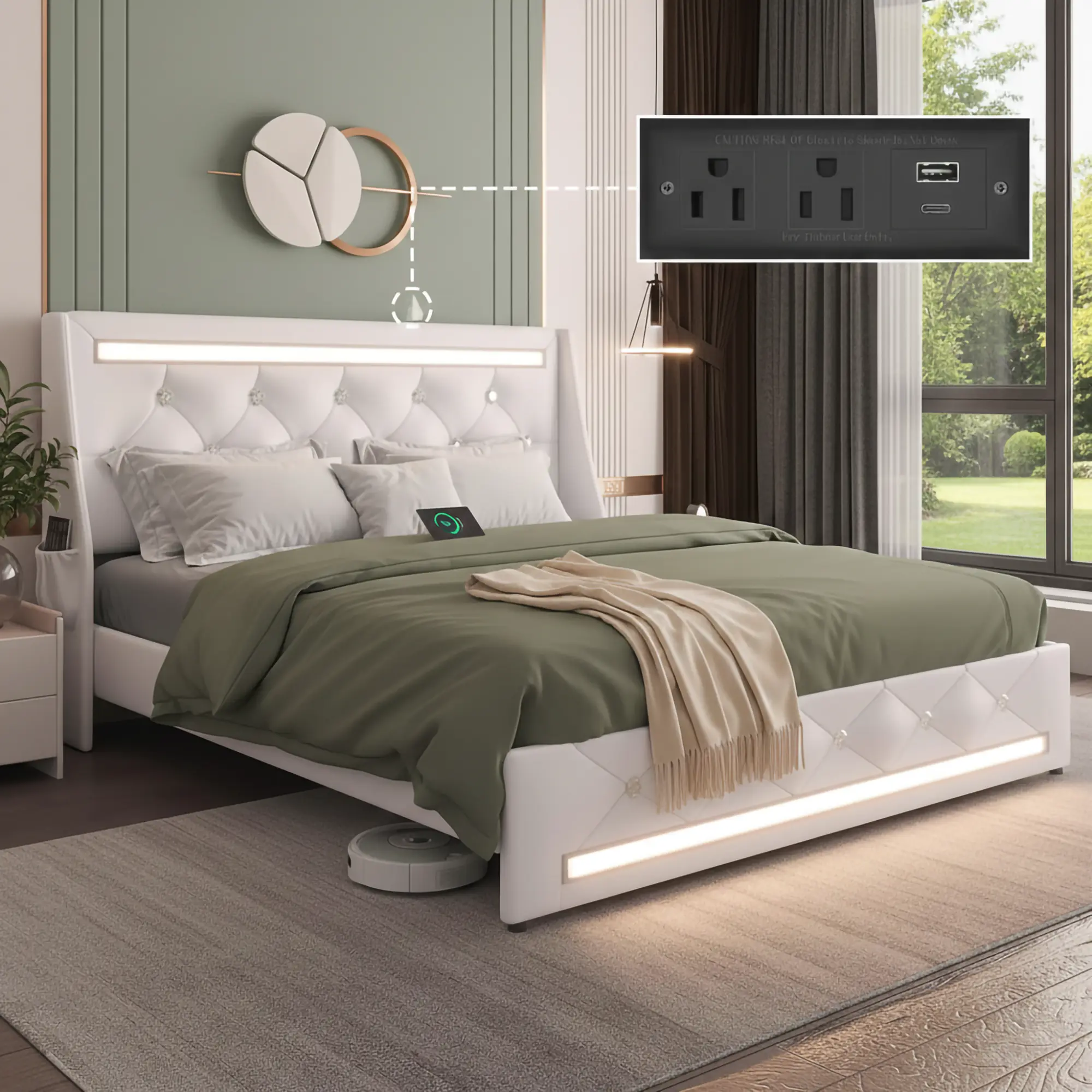 Full/Queen Size PU Leather Platform Bed Frame - 1000 (Full), 1200 (Queen), LED Lights, Charging Station, Diamond Tufted Wingback Upholstered Headboard, Wooden Slats, No Box Spring Needed, Assembly Required, Black/White