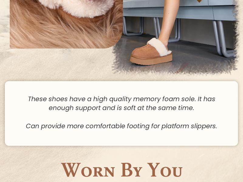 OOW Fuzzy Platform Slippers for Women - Women's Casual Winter House Slippers - Brown, Faux Fur & Shearling Blend - Women's Size